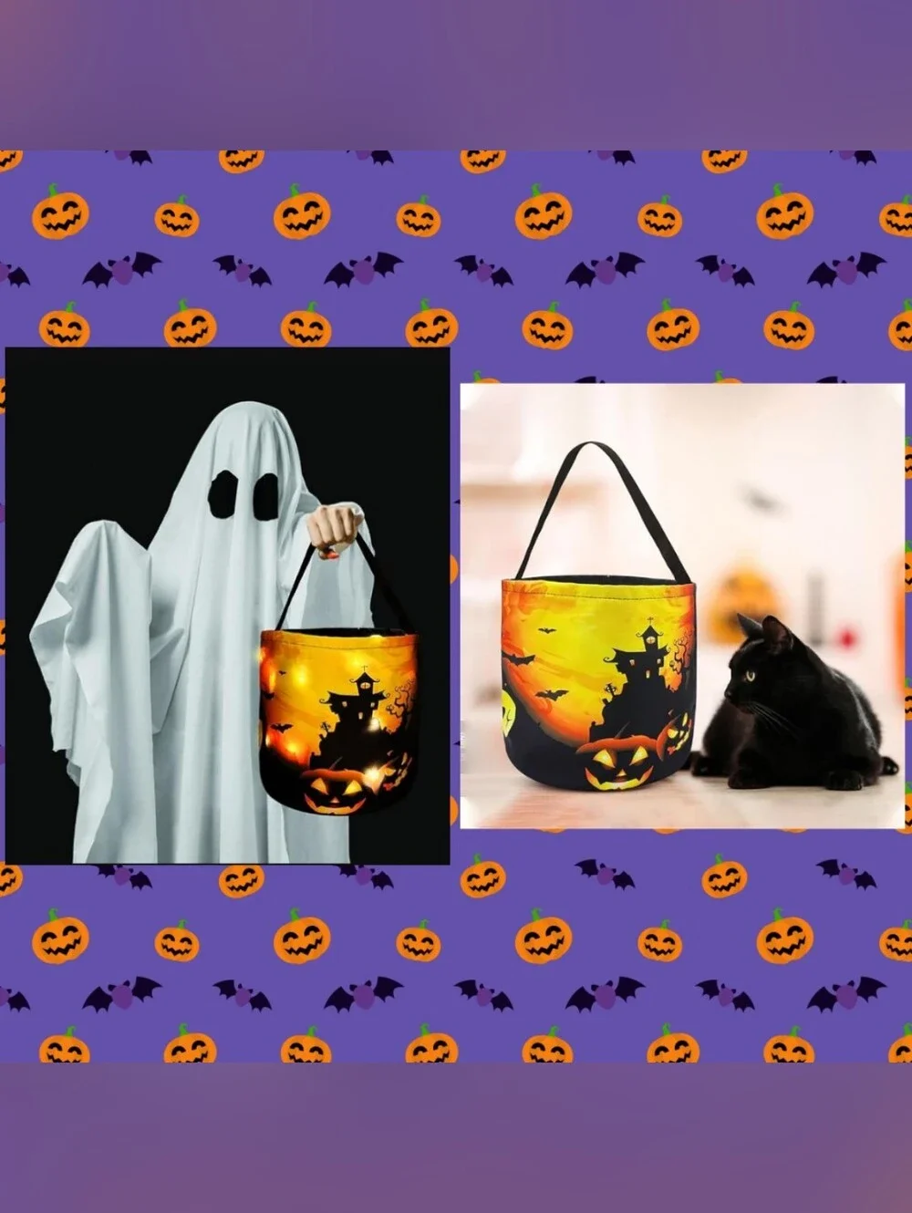 M/L Sz Blk/Multiclr Halloween Reusable Trick or Treat Fabric Bucket w/LED Lights